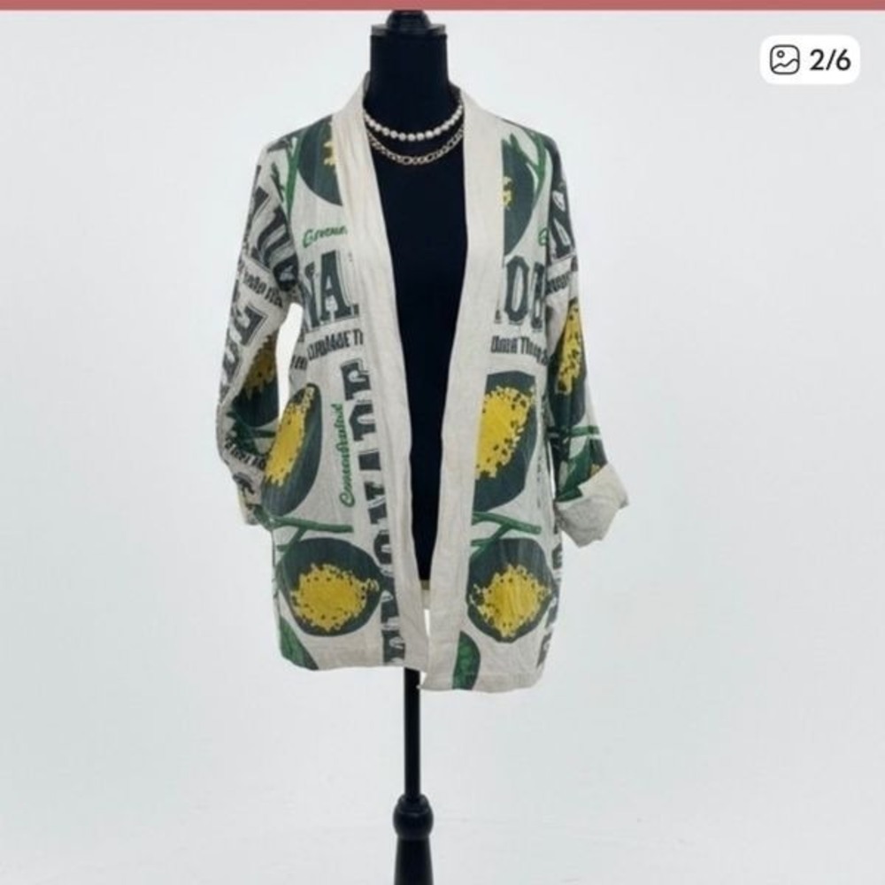 Kimono Jacket Cardigan Cover Up Lemon Print Cotton - Picture 2 of 6